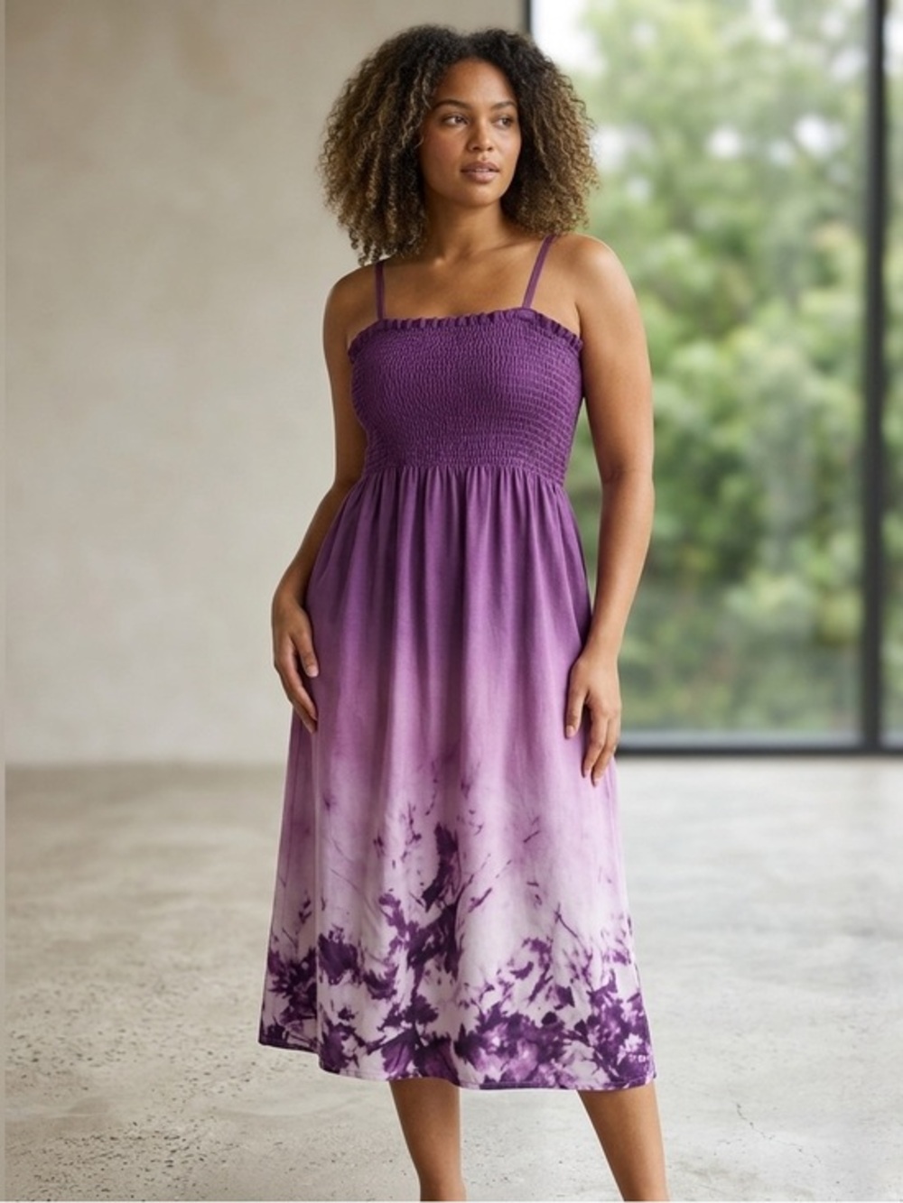 DNLA Sport Purple Ombre Dress L Smocked Stretch Midi A Line Tie Dye Summer